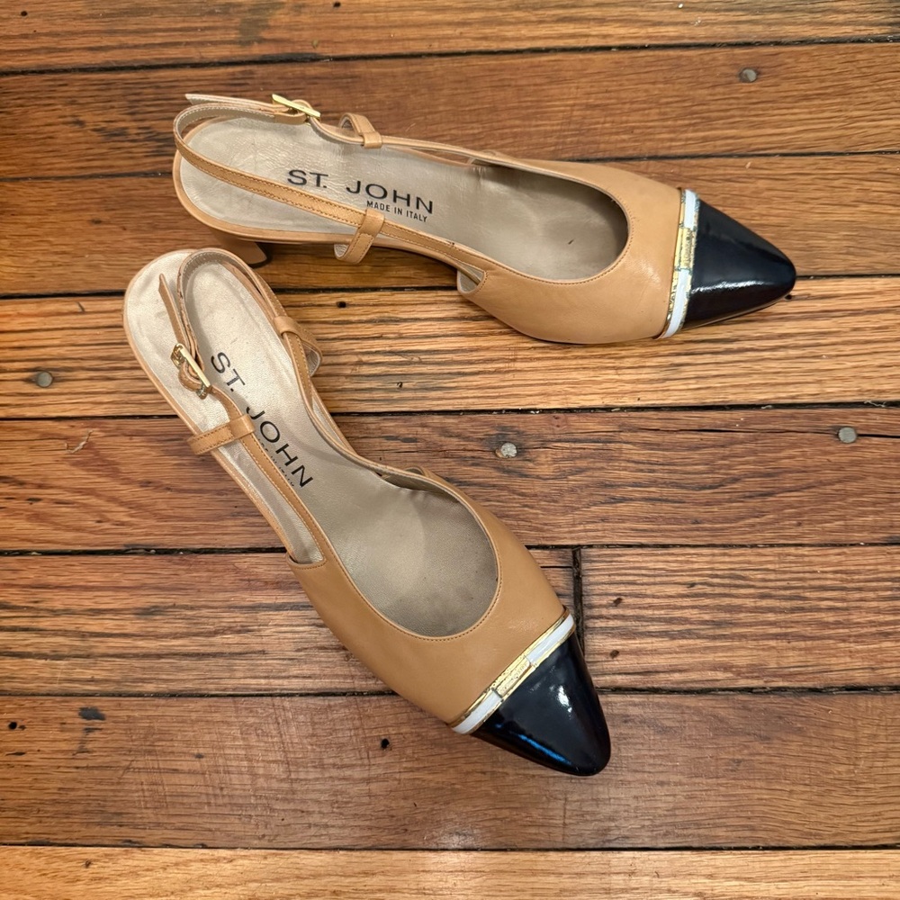 Vintage St. John Tan and Black Cap-Toe Heels